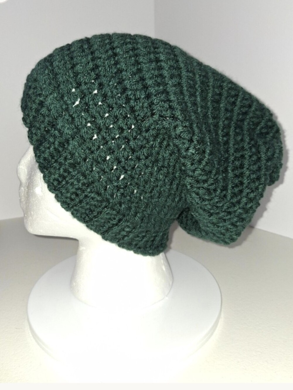 Beanie Slouchy Cap XL Green Crocheted Handmade
